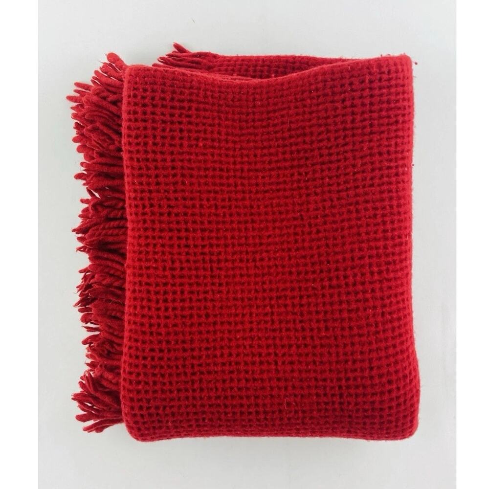 Crate & Barrel Wool Baby Blanket Brick Red Fringe Soft Waffle Portugal Kristina